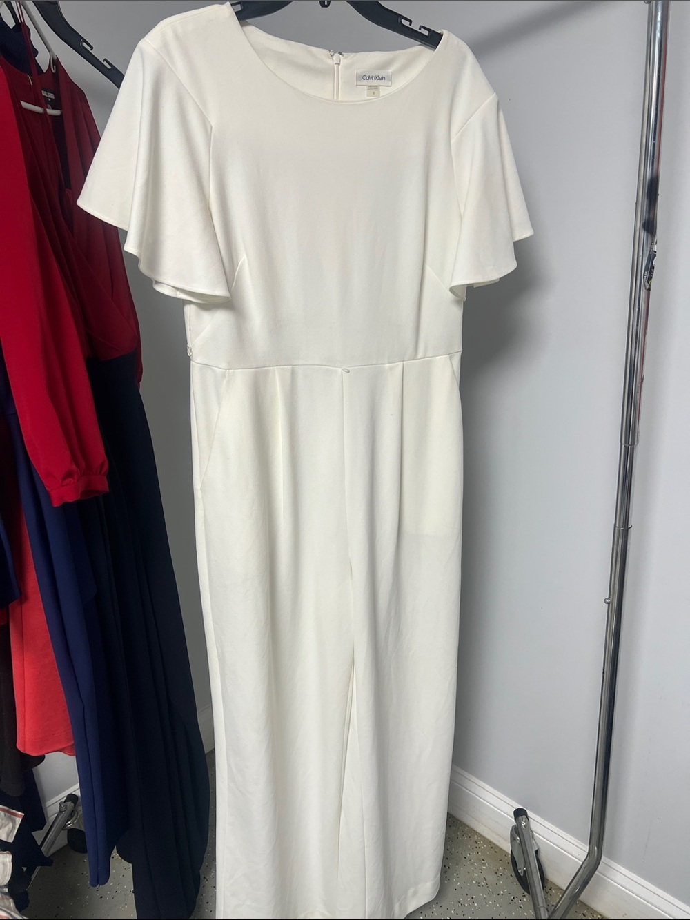 Calvin Klein White Maxi Jumpsuit with Flutter Sleeves